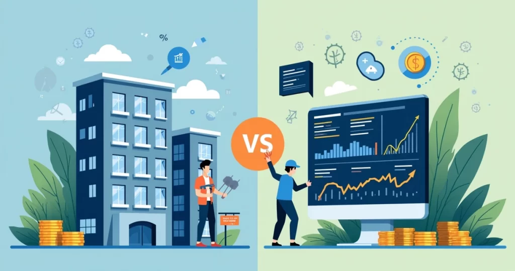 Ilustração corporativa de comparação entre imóveis físicos e fundos imobiliários, com gráficos, moedas e prédios ao fundo