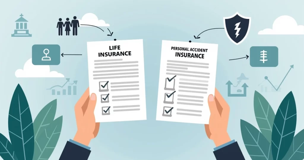 Ilustração corporativa mostrando duas mãos segurando documentos de seguro, uma representando seguro de vida e outra seguro de acidentes pessoais, com gráficos e ícones financeiros ao fundo