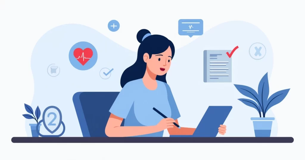 Ilustração corporativa flat de pessoa preenchendo declaração de saúde para seguro de vida em formulário digital