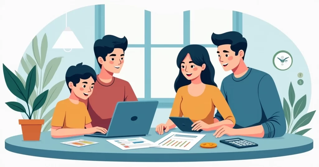 Família usando laptop e calculadora para planejar orçamento de seguro no ambiente doméstico