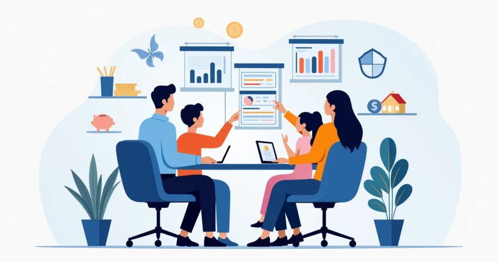 Ilustração corporativa de uma família conversando com um consultor financeiro sobre seguro de vida e proteção patrimonial