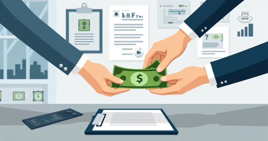 Ilustração corporativa mostrando folha de pagamento, documentos de seguro e mãos entregando dinheiro ao beneficiário