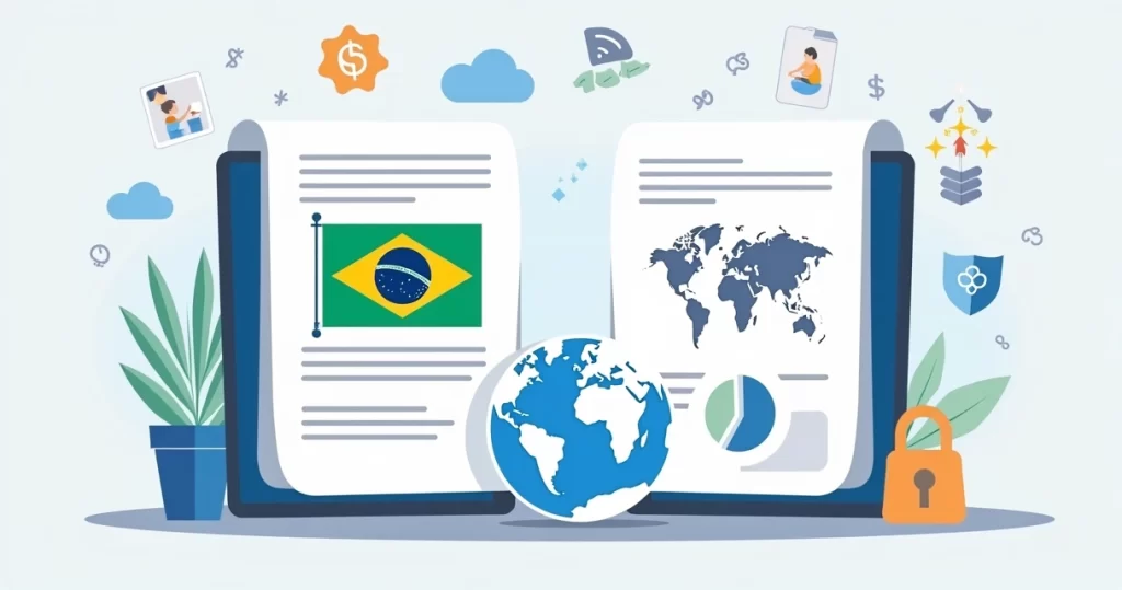 Ilustração corporativa mostrando dois documentos de seguro de vida, um com bandeira do Brasil e outro com globo terrestre, cercados por símbolos de proteção financeira