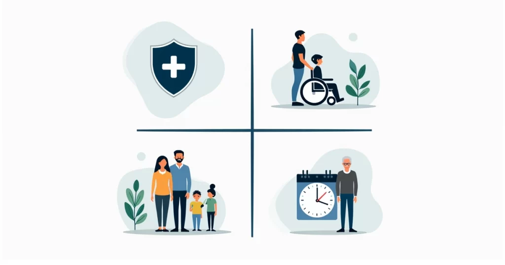 Ilustração corporativa mostrando quatro quadrantes com ícones representando seguro de vida, doenças graves, invalidez e DIT