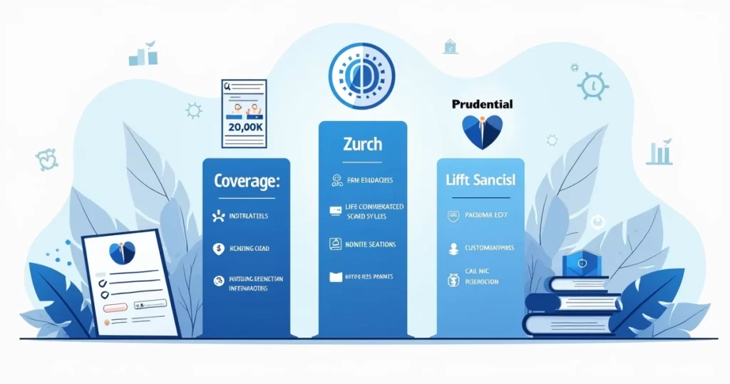 Ilustração corporativa mostrando gráficos comparativos de seguros de vida, logos de Itaú, Zurich e Prudential, e elementos relacionados a proteção financeira