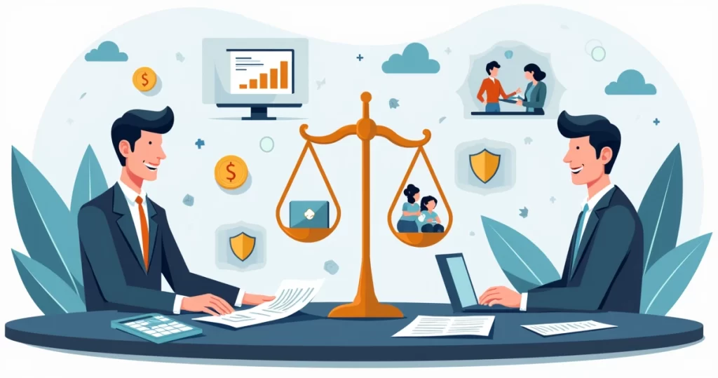 Ilustração corporativa flat mostrando comparação entre consultoria financeira tradicional e digital com elementos gráficos de serviços, dinheiro e tecnologia