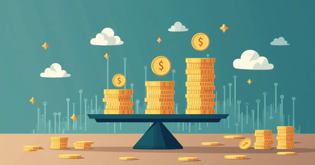Ilustração corporativa plana mostrando moedas de dólar e real em equilíbrio sobre uma balança, com gráficos de finanças ao fundo e elementos que representam volatilidade e inflação