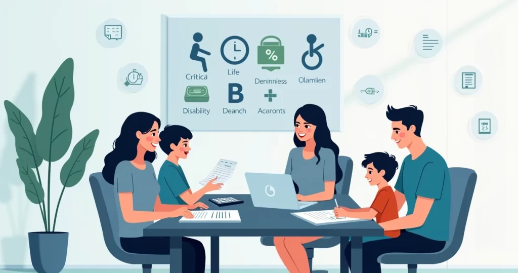 Família discutindo opções de seguros com gráficos e documentos na mesa