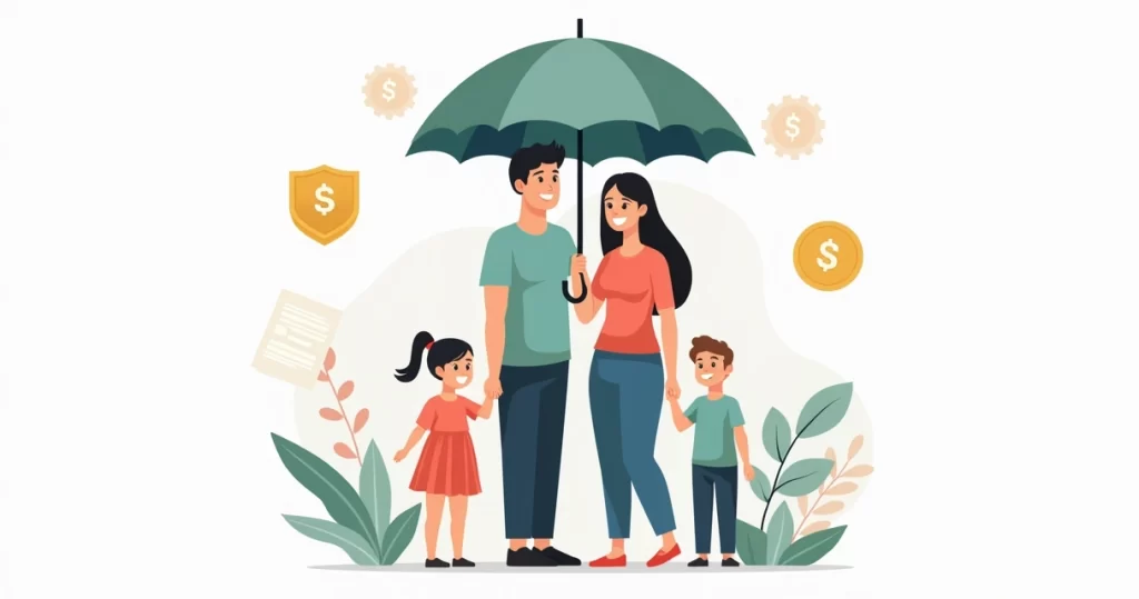 Ilustração corporativa flat de uma família com dois filhos menores segurando guarda-chuva simbólico sobre eles que representa proteção financeira