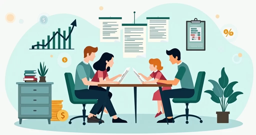 Ilustração corporativa plana mostrando uma família revisando apólices de seguro de vida ao lado de gráficos financeiros e símbolos de impostos