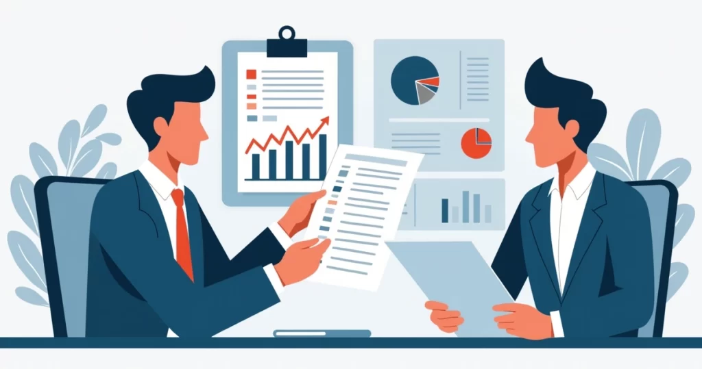 Ilustração corporativa plana mostrando uma pessoa revisando um contrato de seguro junto a um agente financeiro, com gráficos e documentos ao fundo