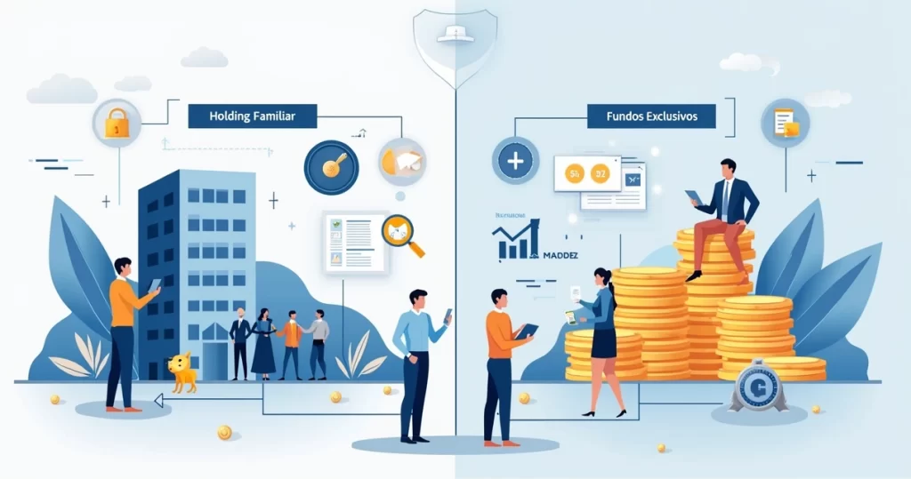 Ilustração corporativa comparando holding familiar e fundo exclusivo para proteção patrimonial, com gráficos e ícones financeiros