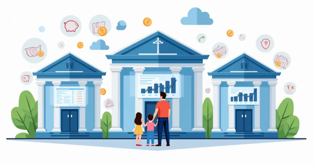 Ilustração corporativa mostrando três bancos com gráficos de previdência privada para famílias
