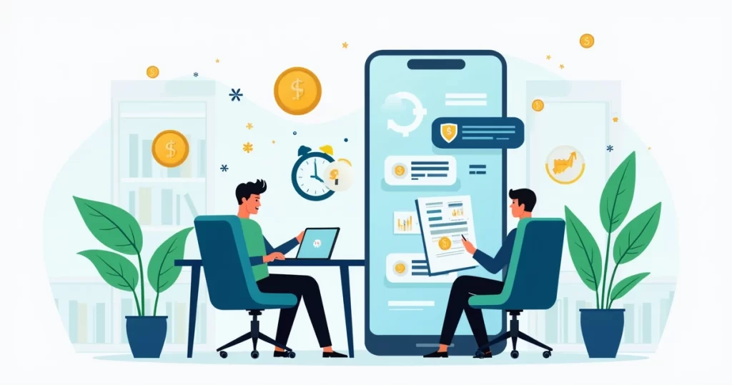 Ilustração corporativa dividida mostrando consultoria financeira tradicional com consultor presencial e consultoria digital via aplicativo