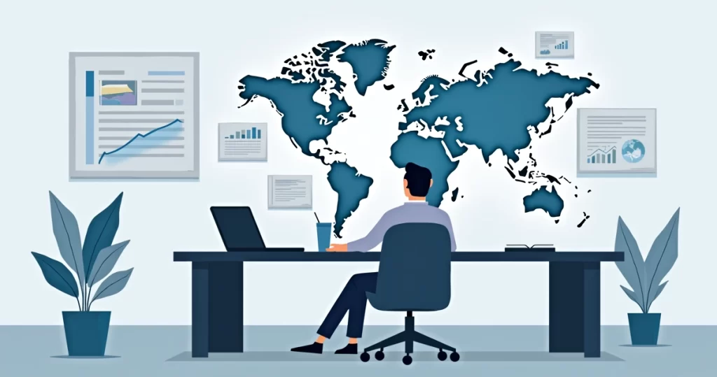 Ilustração corporativa de uma pessoa analisando apólices de seguro internacional, com mapas e documentos financeiros ao redor