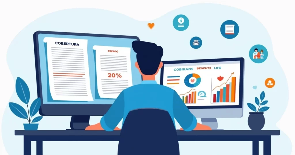 Desenvolvedor explicando seguros de vida com gráficos e contratos em tela digital