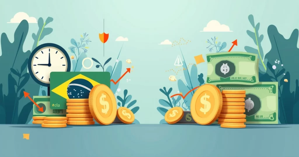 Ilustração corporativa mostrando moedas e notas brasileiras e dólares lado a lado com gráficos financeiros e símbolos de segurança e liquidez