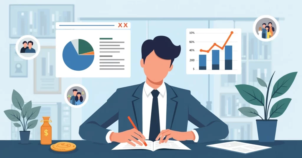 Ilustração corporativa mostrando uma pessoa calculando orçamento com gráficos e tabelas de seguro de vida