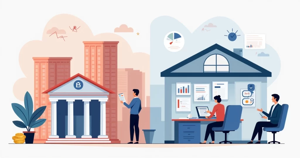 Ilustração corporativa dividida mostrando diferenças entre gestora independente e grande banco na previdência: gráficos, taxas e personalização