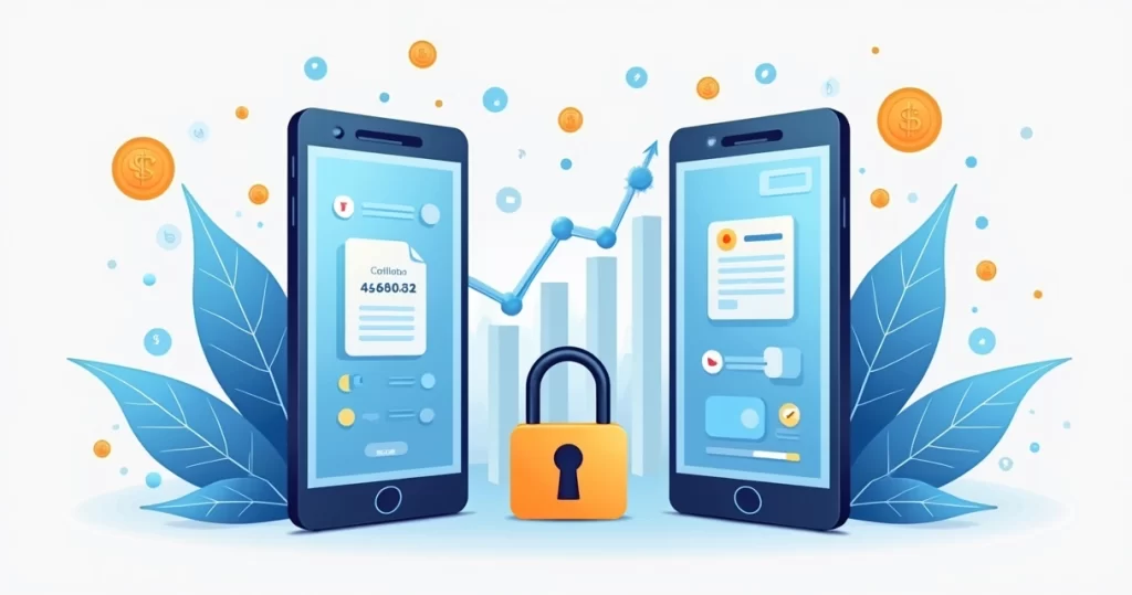 Ilustração flat corporativa mostrando dois smartphones com ícones de contas digitais e fintechs, cadeado simbolizando segurança, gráficos financeiros e símbolos de dinheiro