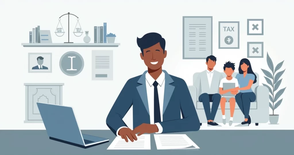 Ilustração corporativa mostrando um profissional revisando documentos de seguro de vida com família ao fundo e ícones legais e financeiros ao redor