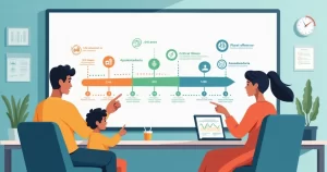 Família de alta renda analisando linha do tempo de vigência de seguro de vida