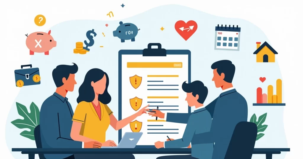 Família de alta renda analisando opções de seguro de vida com consultor