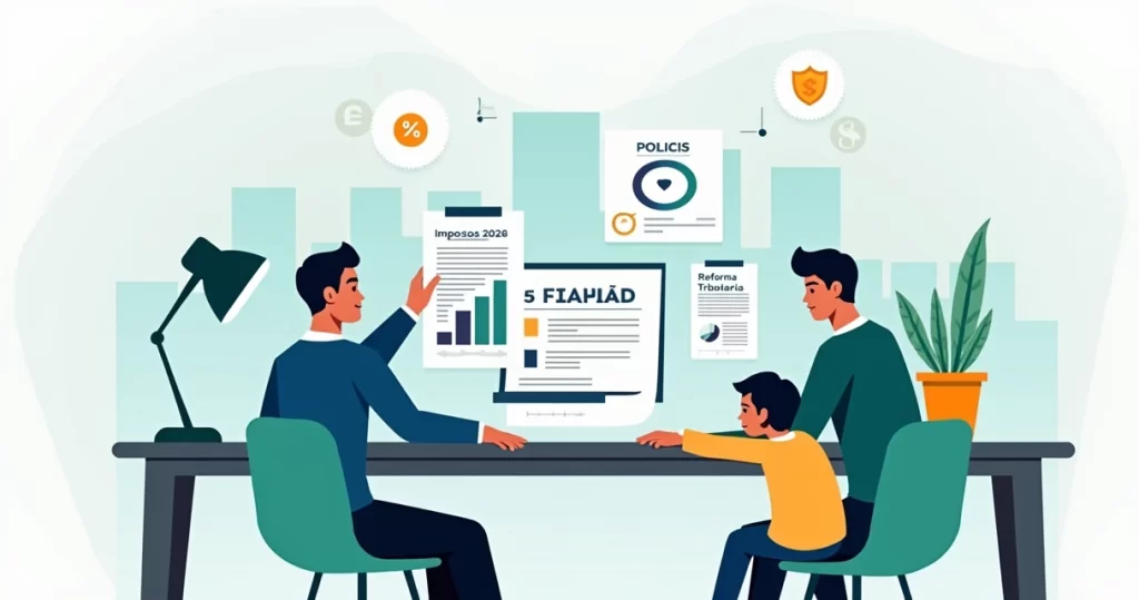 Ilustração de família analisando seguro de vida e impostos com ícones de reforma tributária