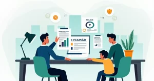 Ilustração de família analisando seguro de vida e impostos com ícones de reforma tributária