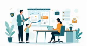 Ilustração de família analisando calendário de renovação do seguro de vida anual