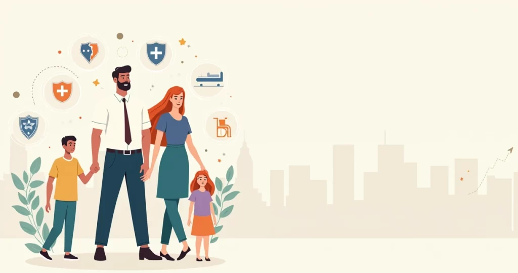 Ilustração de profissional protegendo a família com ícones de seguro de acidentes pessoais