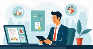 Ilustração de análise de subscrição de risco em seguro de vida com executivo e documentos