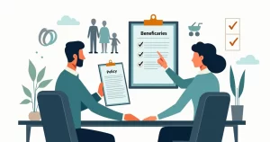 Ilustração de família revisando beneficiários do seguro de vida com corretor e documentos