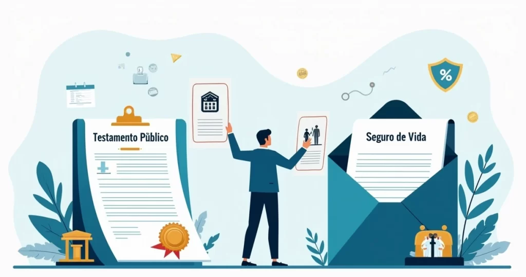 Ilustração de blindagem sucessória com testamento e seguro de vida lado a lado