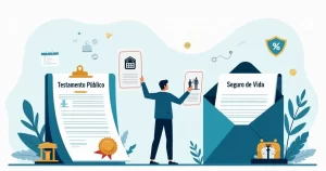 Ilustração de blindagem sucessória com testamento e seguro de vida lado a lado
