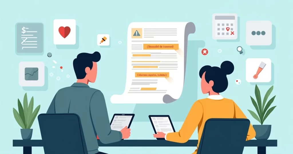 Ilustração de casal analisando contrato de seguro de vida com cláusulas em destaque