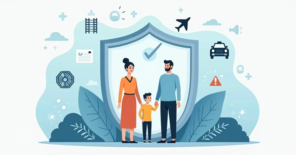 Ilustração de família protegida por escudo com ícones de risco ao fundo