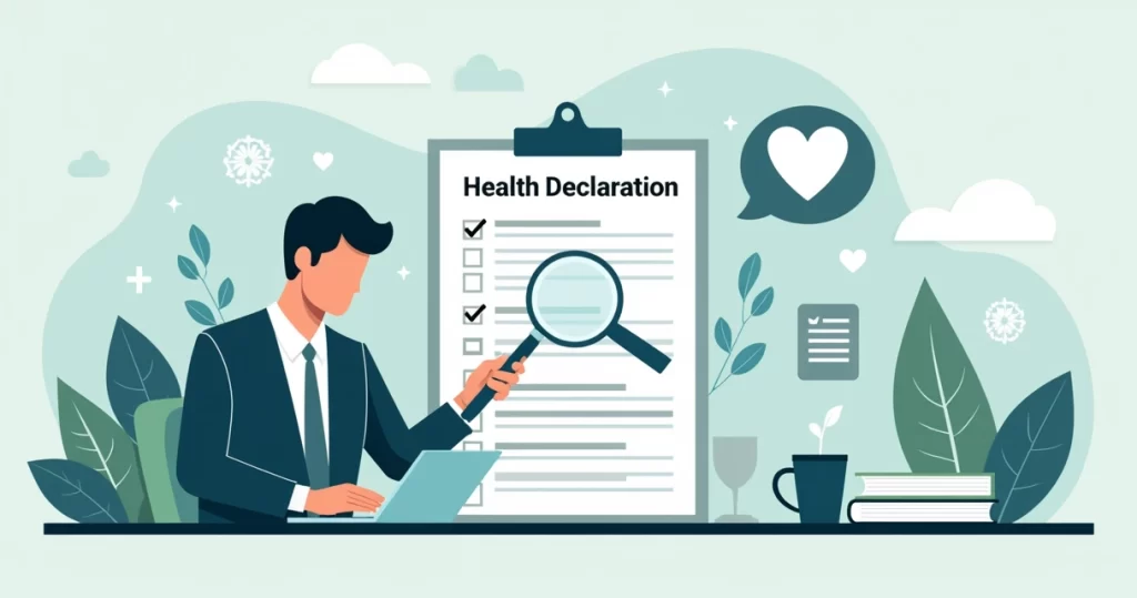 Profissional preenchendo declaração de saúde de seguro de vida com destaque para checklist e lupa