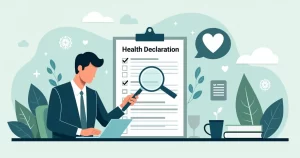 Profissional preenchendo declaração de saúde de seguro de vida com destaque para checklist e lupa