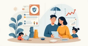 Pais planejando educação financeira dos filhos com comparação entre seguro e fundo de investimento