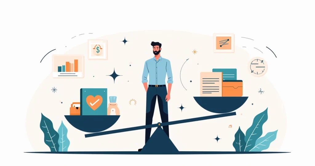 Profissional de alta renda equilibrando custos de seguro de vida em balança com gráficos financeiros ao fundo