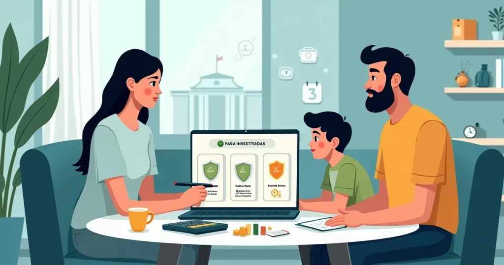 Família analisando opções de investimentos em renda fixa na frente do computador