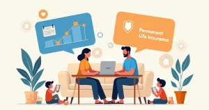 Casal com filhos comparando opções de seguro de vida temporário e permanente