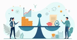 Casal analisando balança com investimentos de um lado e seguro de vida do outro