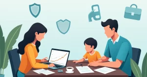 Família de alta renda analisando gráfico de evolução de custos do seguro de vida