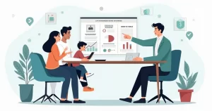 Família de alta renda analisando coberturas de seguro de vida com consultor financeiro
