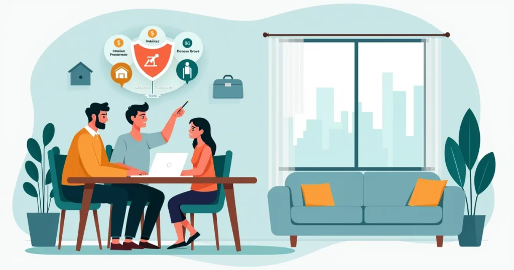 Família de alta renda analisando proteção de renda com consultor de seguros