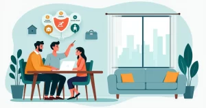 Família de alta renda analisando proteção de renda com consultor de seguros