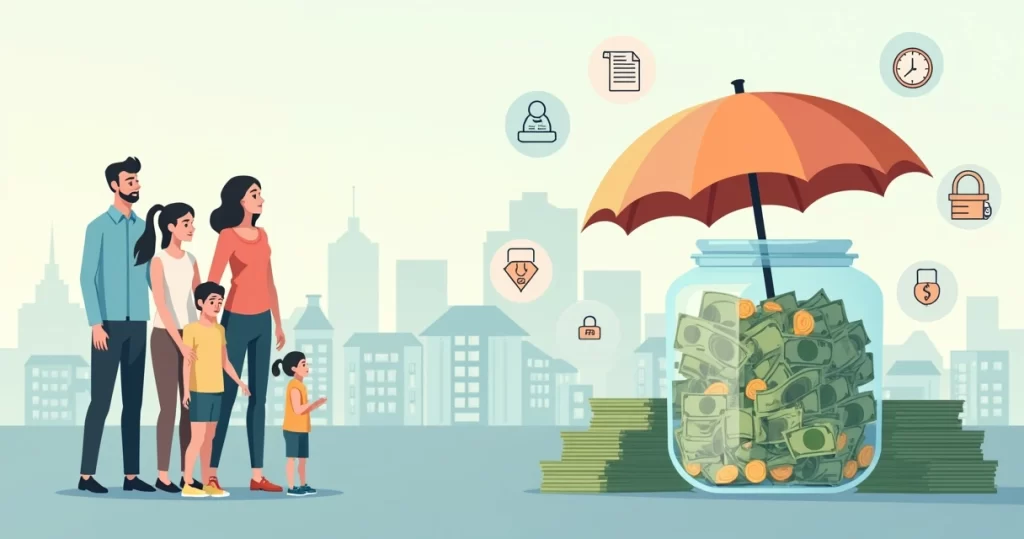 Família observando pilha de dinheiro protegida por guarda-chuva de seguro