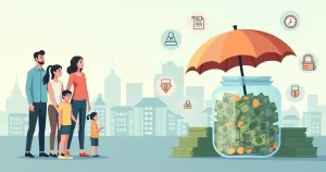 Família observando pilha de dinheiro protegida por guarda-chuva de seguro